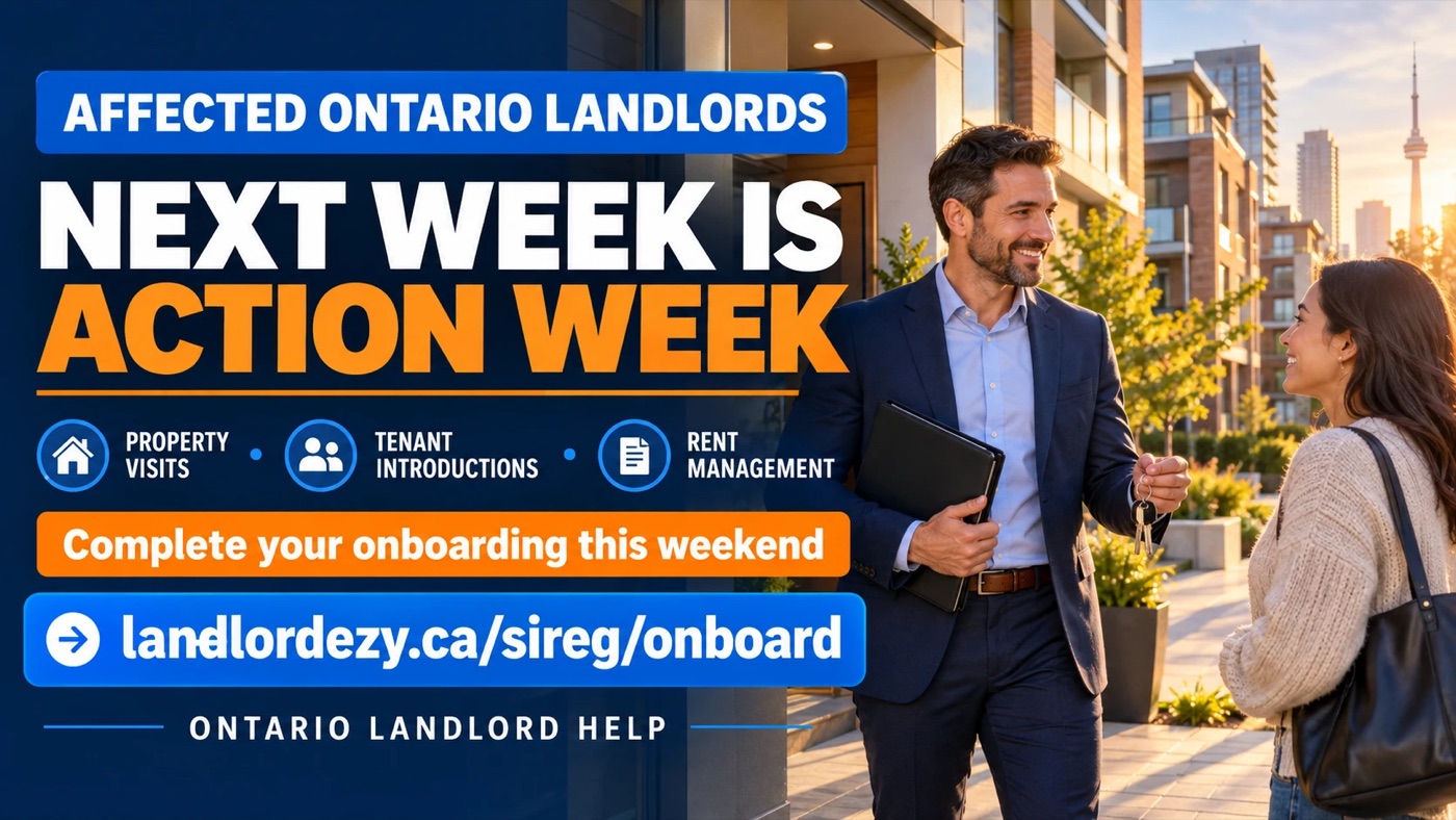 Next week is Action Week for affected Ontario landlords: property visits, tenant introductions and rent management. Complete your onboarding this weekend at landlordezy.ca/sireg/onboard.